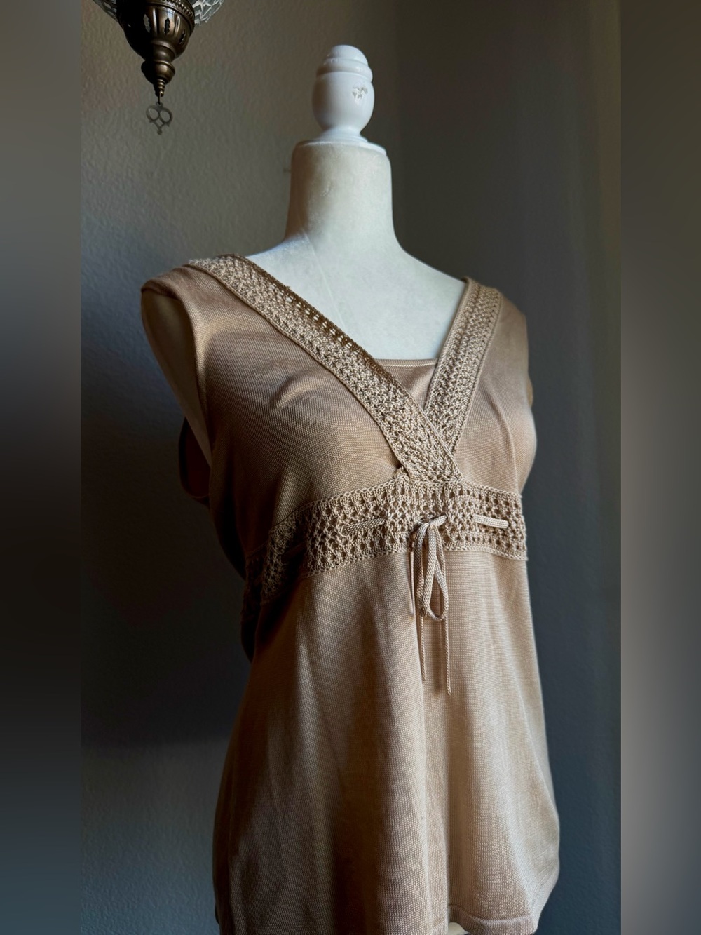 Axcess Liz Claiborne Crochet Knit Sweater Top Tie Waist Beige Oatmeal Size L - Picture 2 of 8